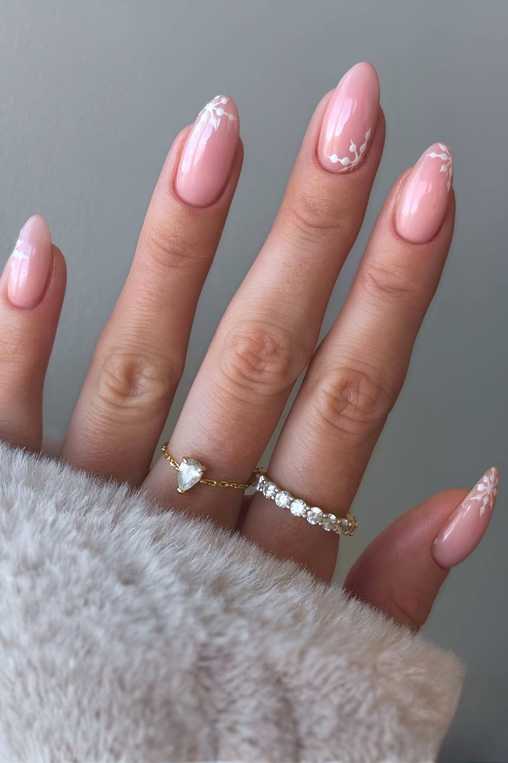 Almond milky nails with snowflake art