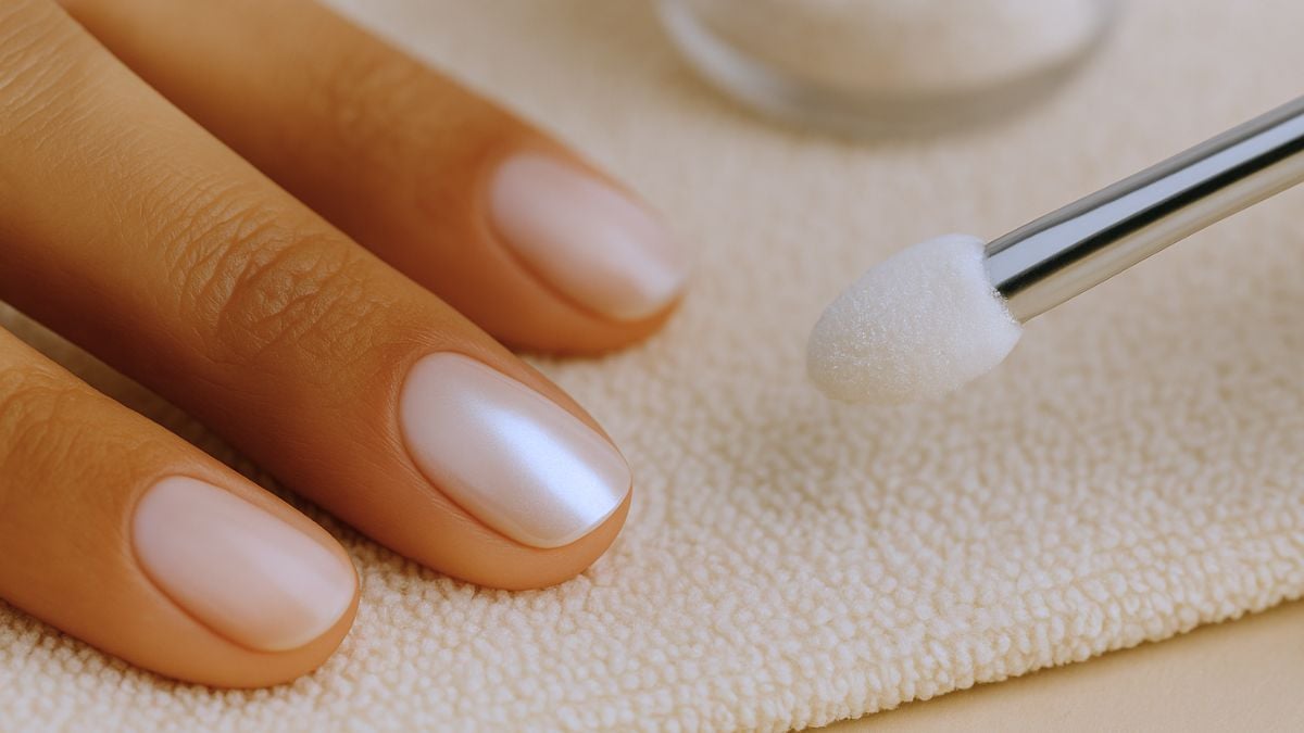 Applying chrome powder on white nails