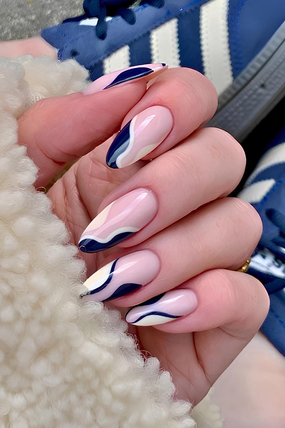Beige and navy blue fall manicure
