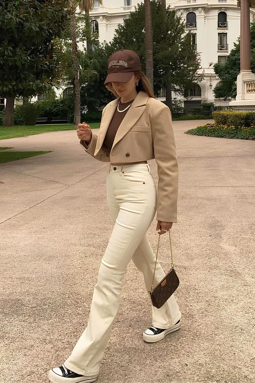 Beige pants and cropped caramel blazer