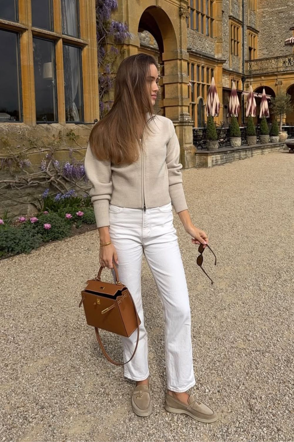 Beige zip cardigan with white jeans