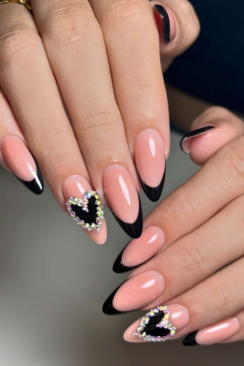 Black French mani with crystal encrusted hearts
