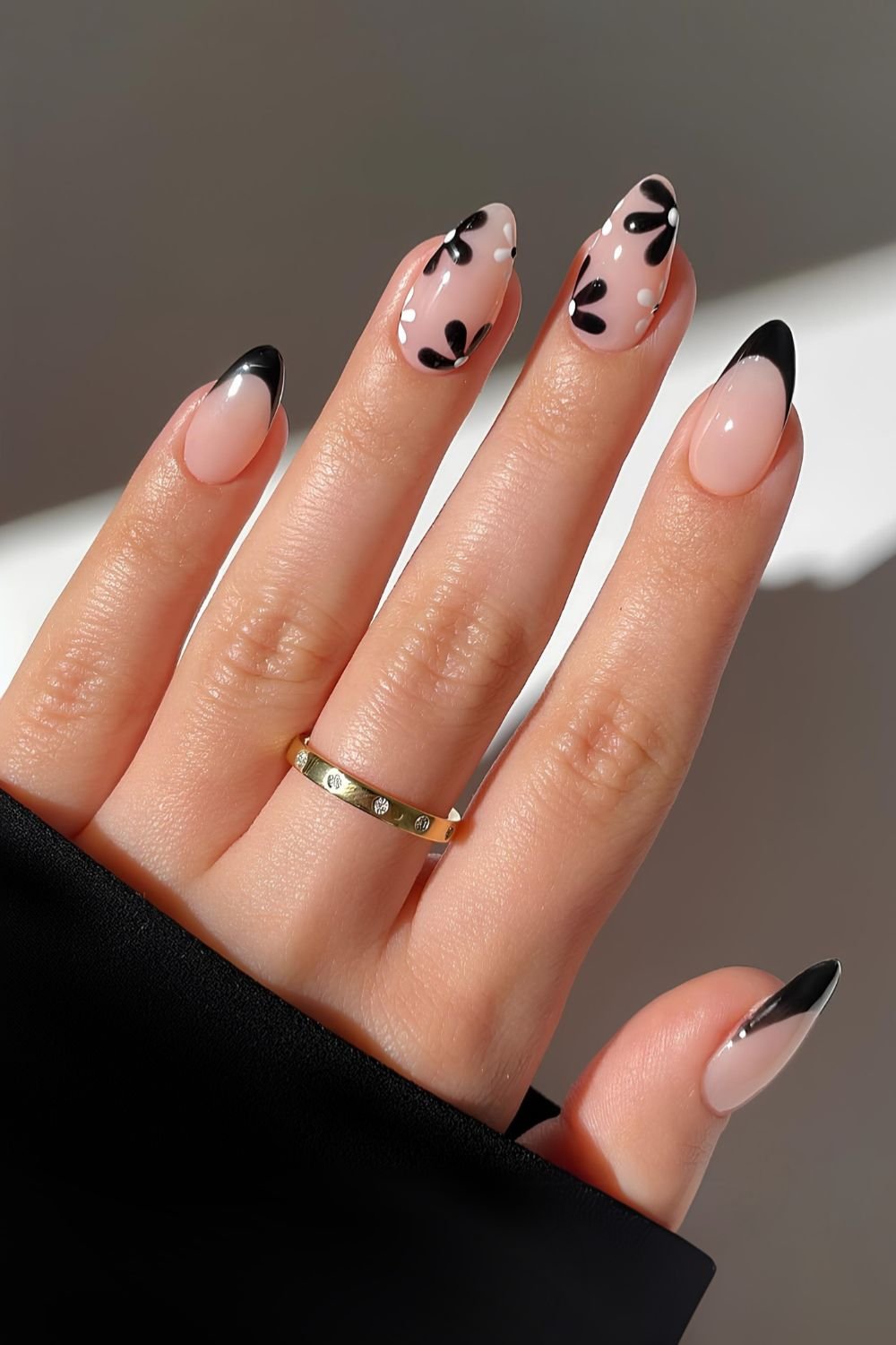 Black French mani with flowers