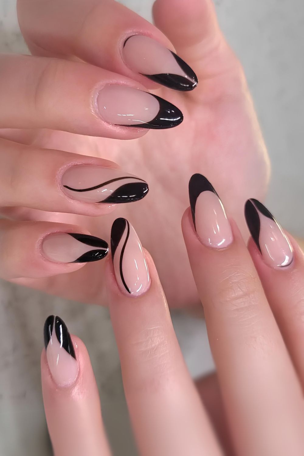 Black French mani with swoopy lines