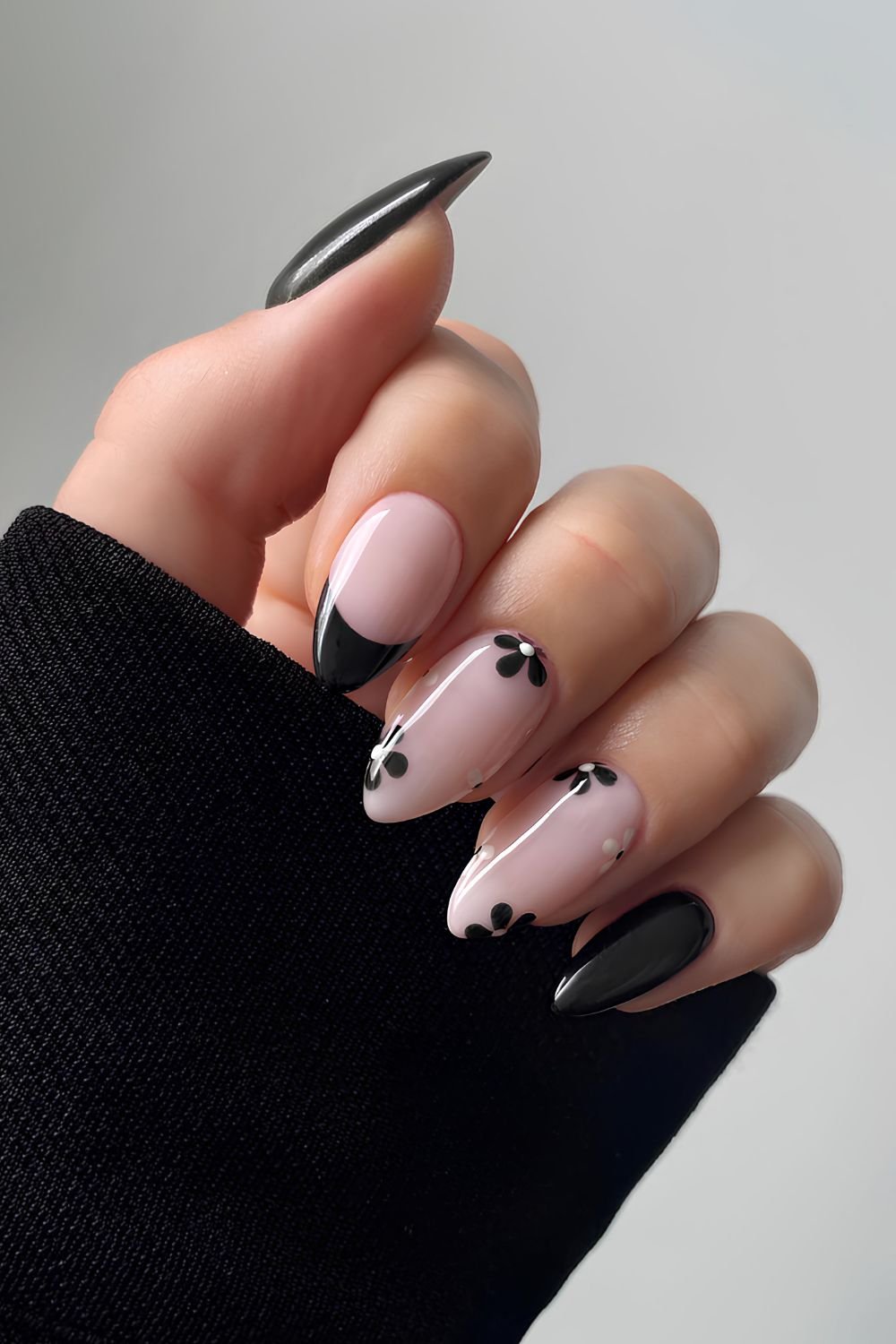 Black and milky white nails with florals