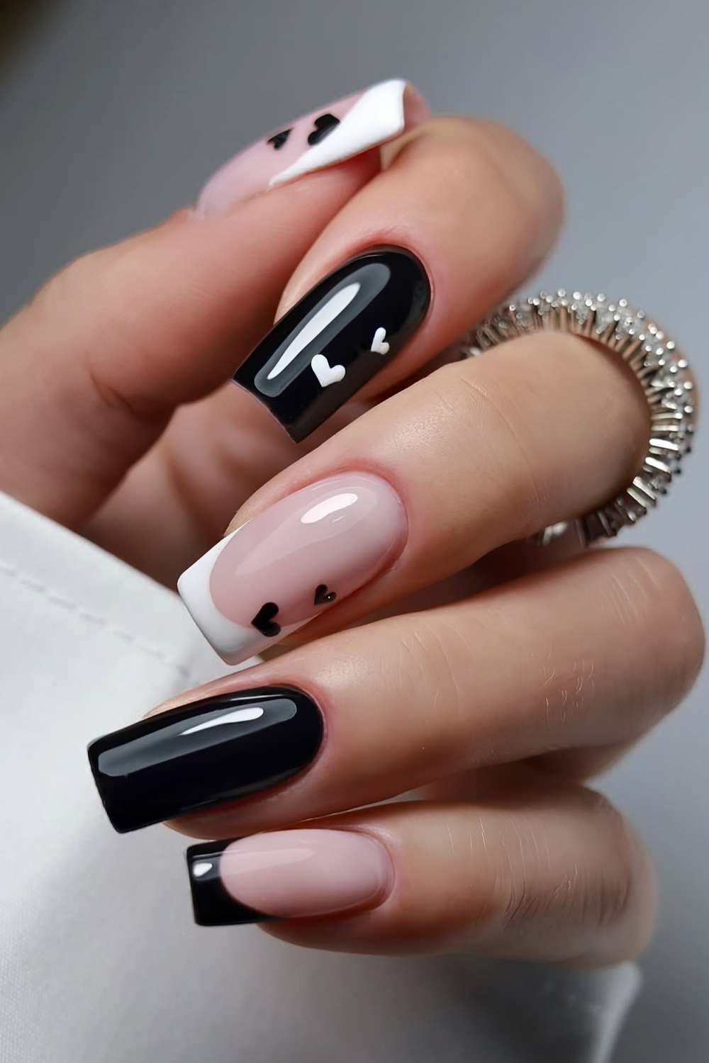 Black and white Valentines Day nails
