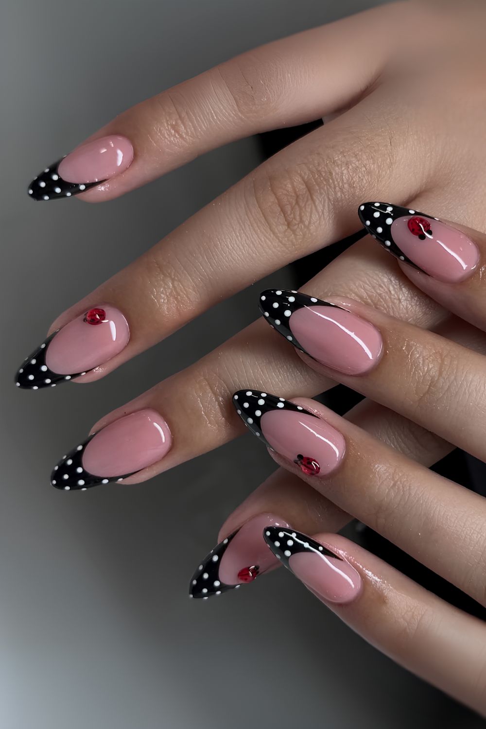 Black and white polka dot French mani with lady bug art