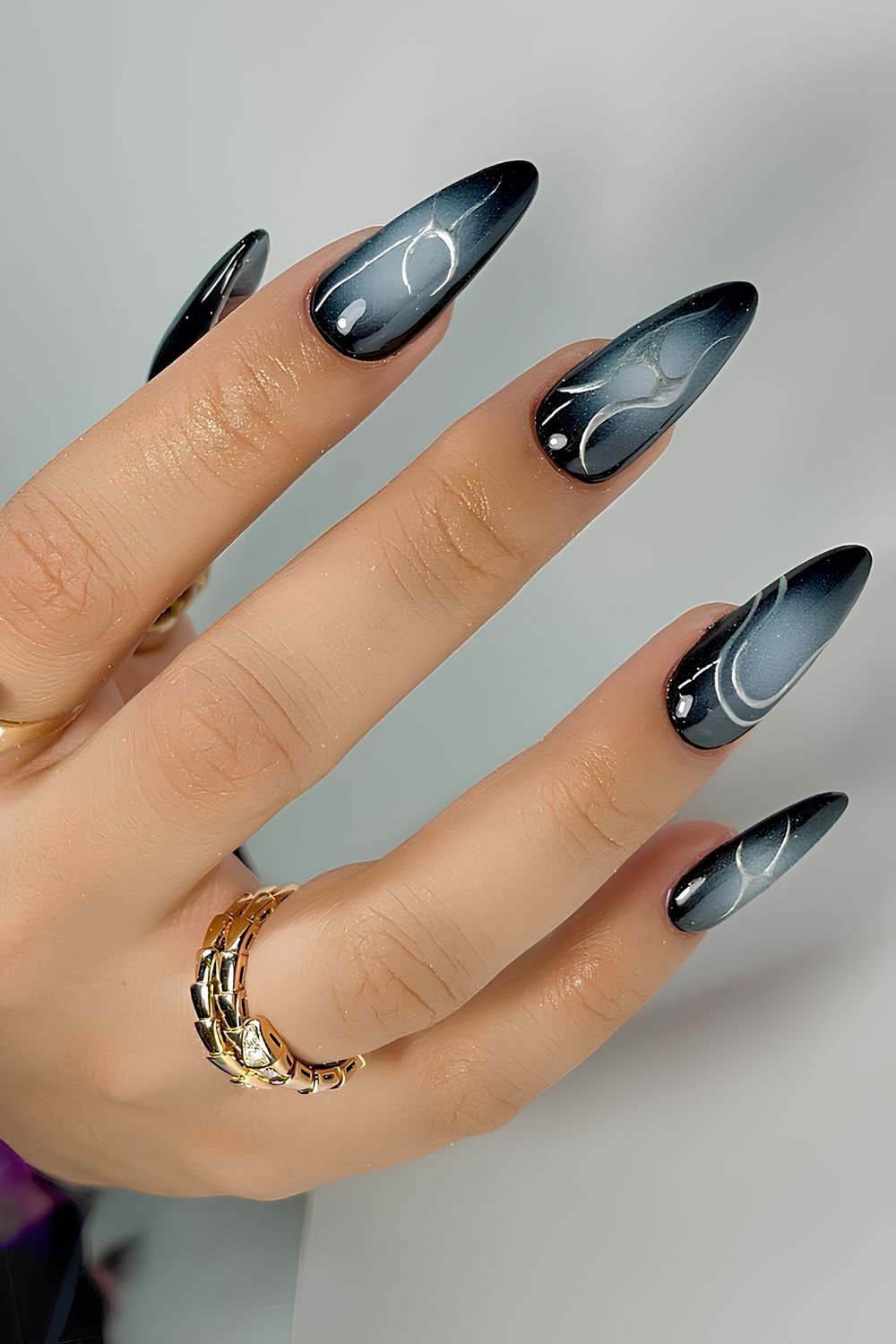 Black aura mani with silver chrome accents