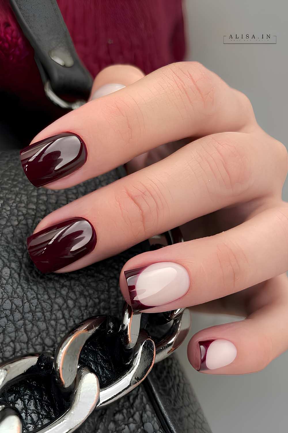 Black cherry nails with accent French tips