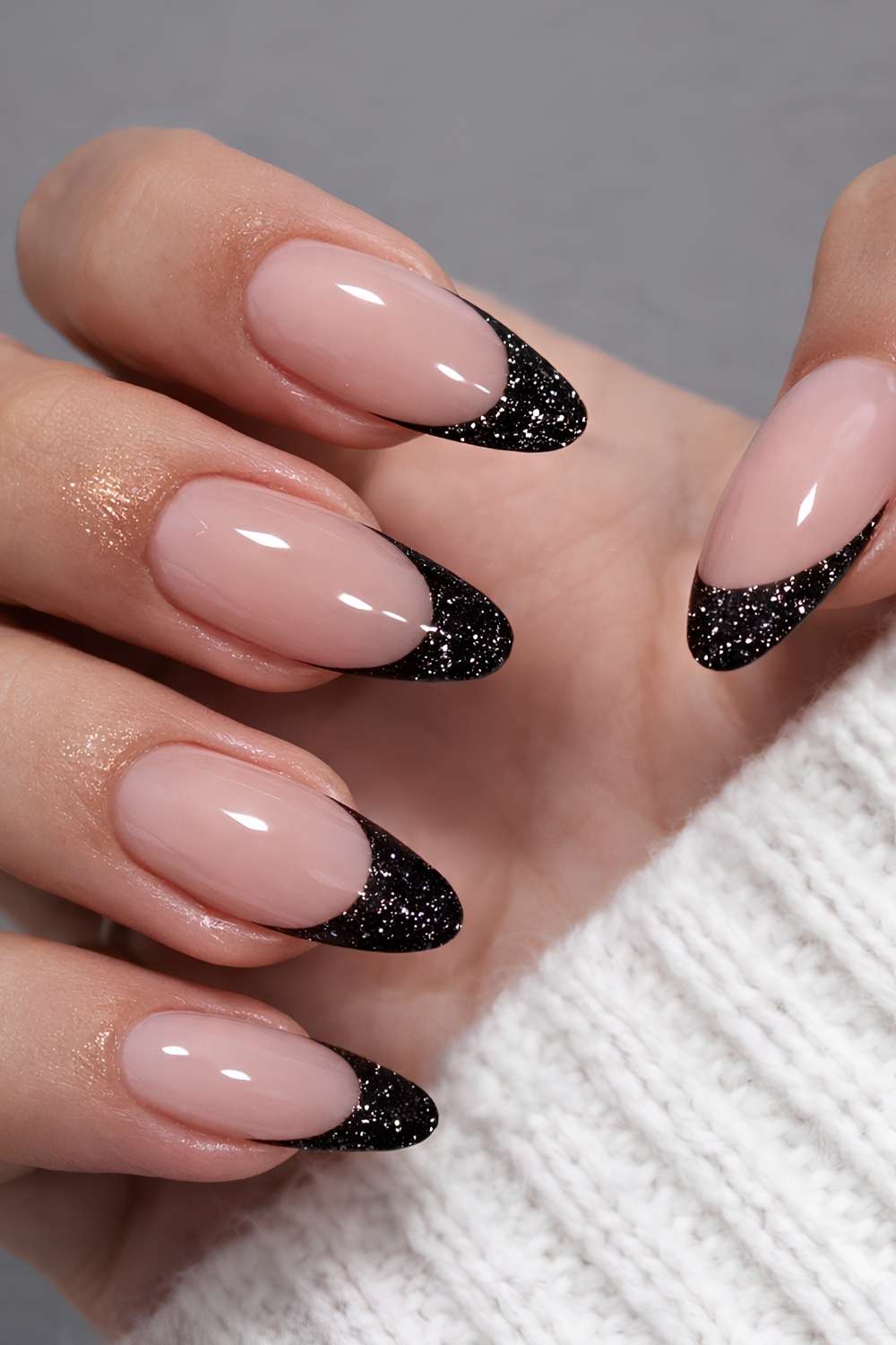 Black glitter French tip nails