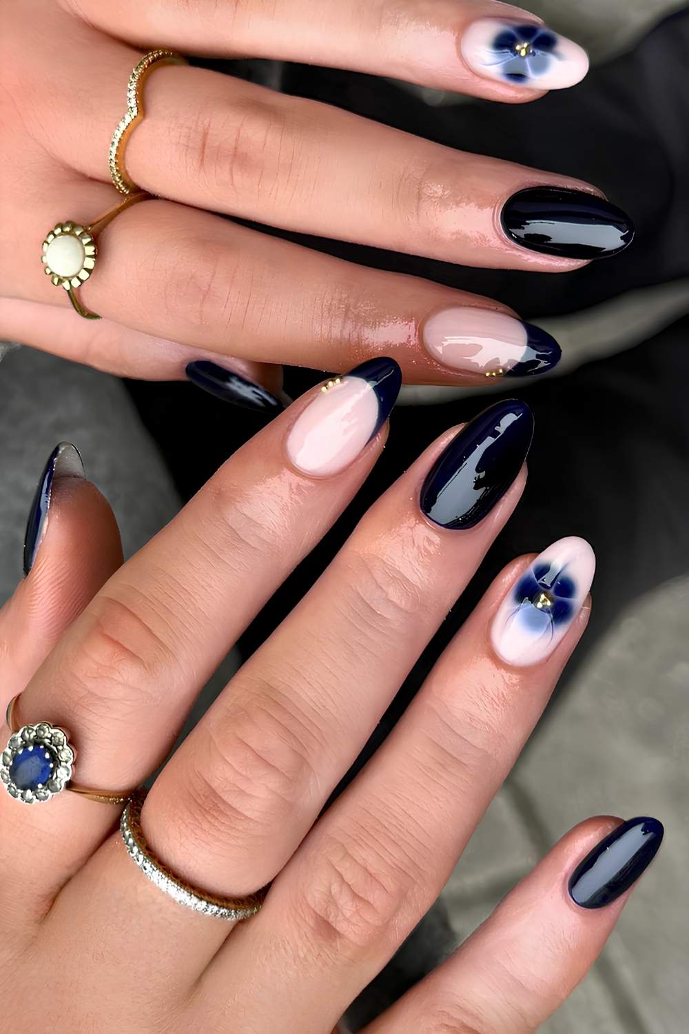 Black mani with blooming gel flowers