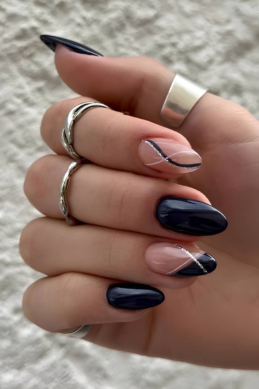 Black nails with white and silver line art