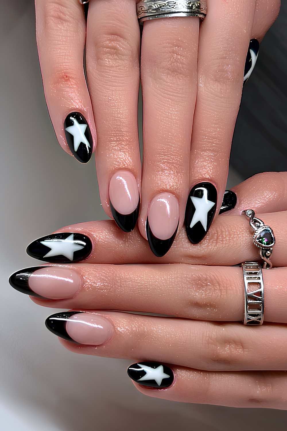 Black nails with white star art