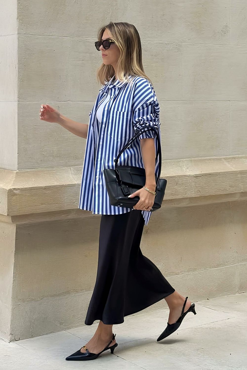 Black silk skirt with striped shirt