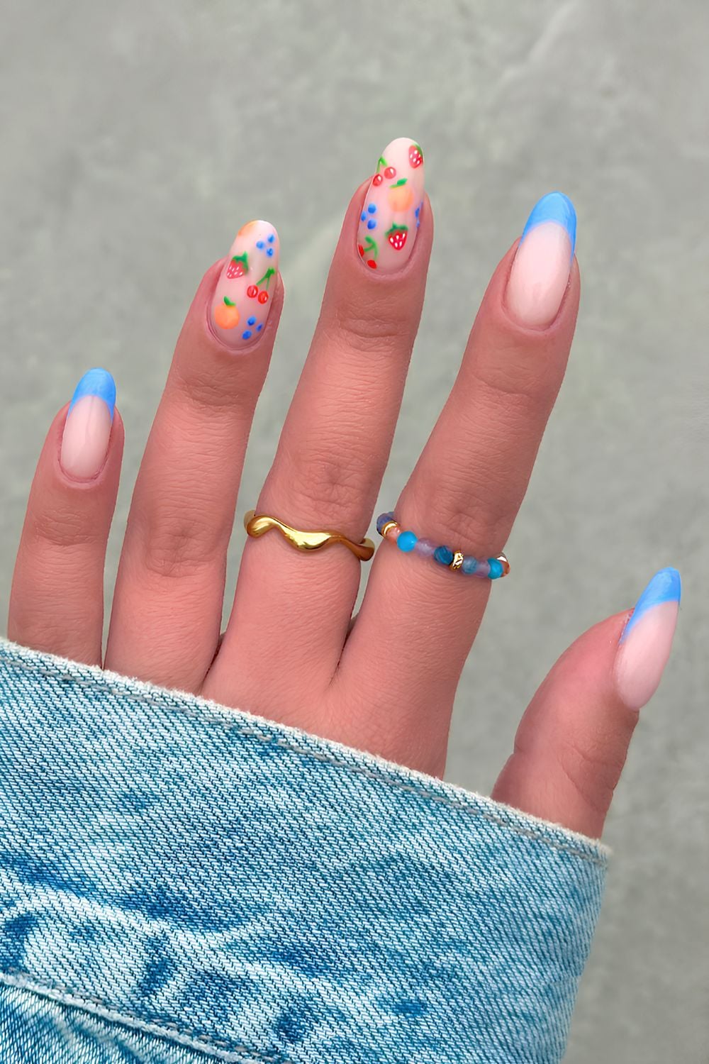 Blue French mani with fruit art