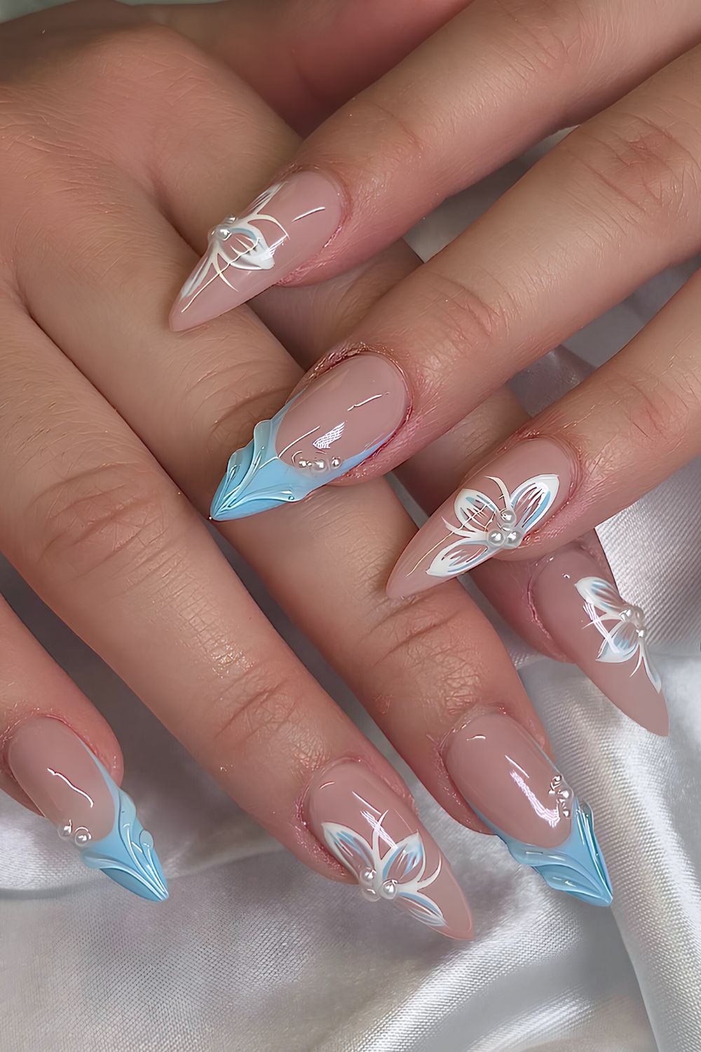 Blue French mani with pearls and flowers