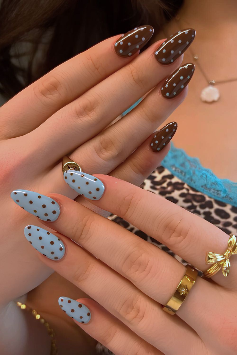 Blue and brown nails with pola dots