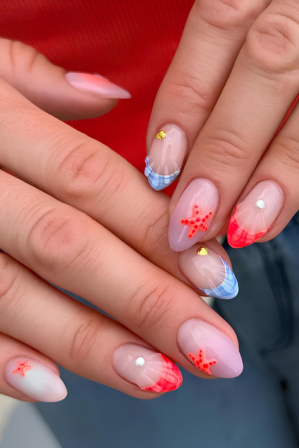 Blue and coral beach inspired nails