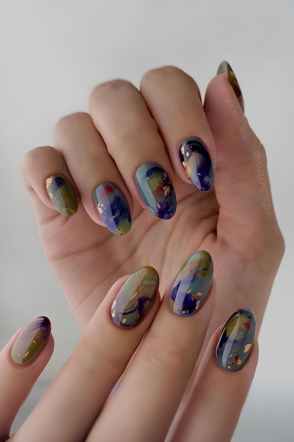 Blue and olive green marble nails