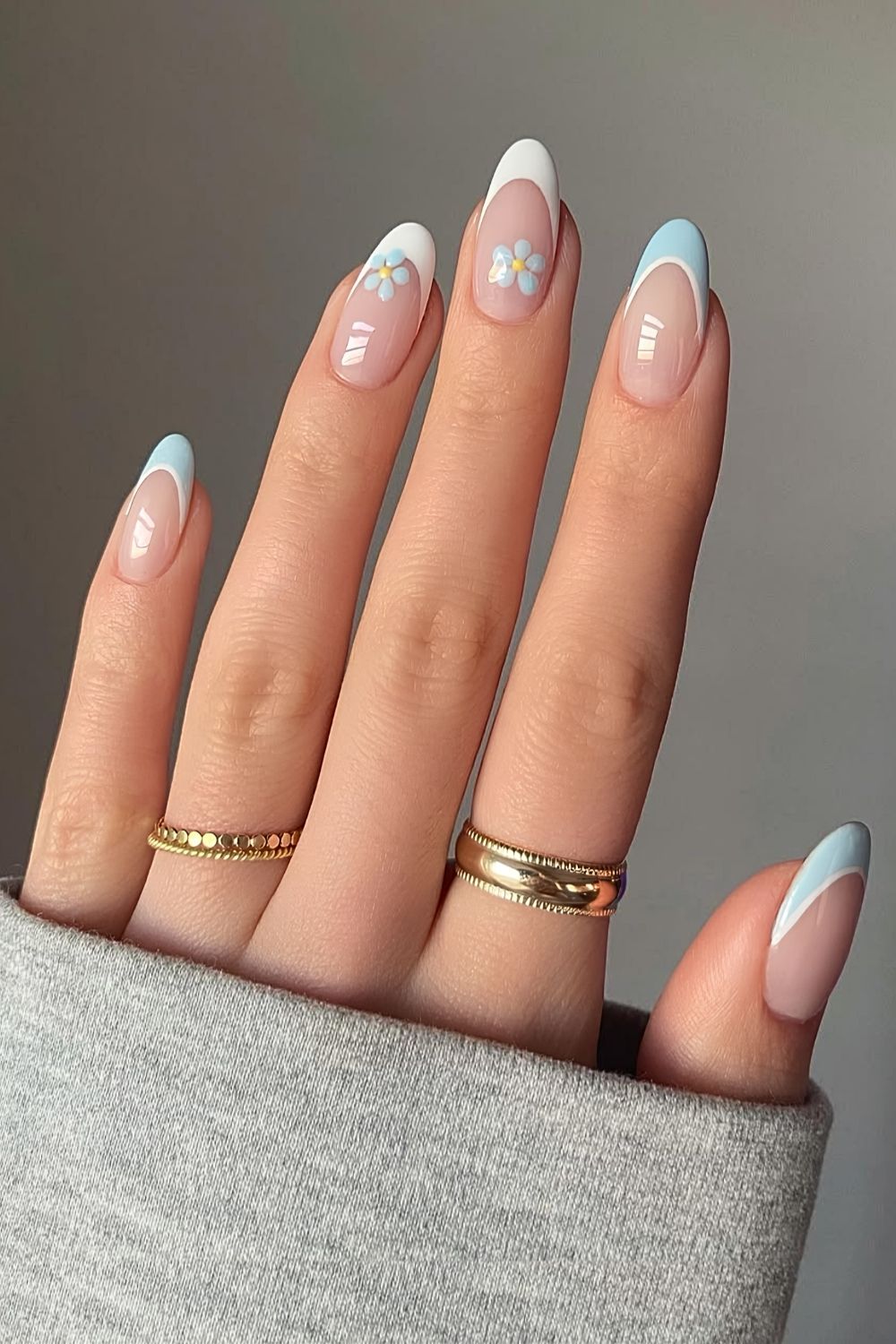 Blue and white floral French mani