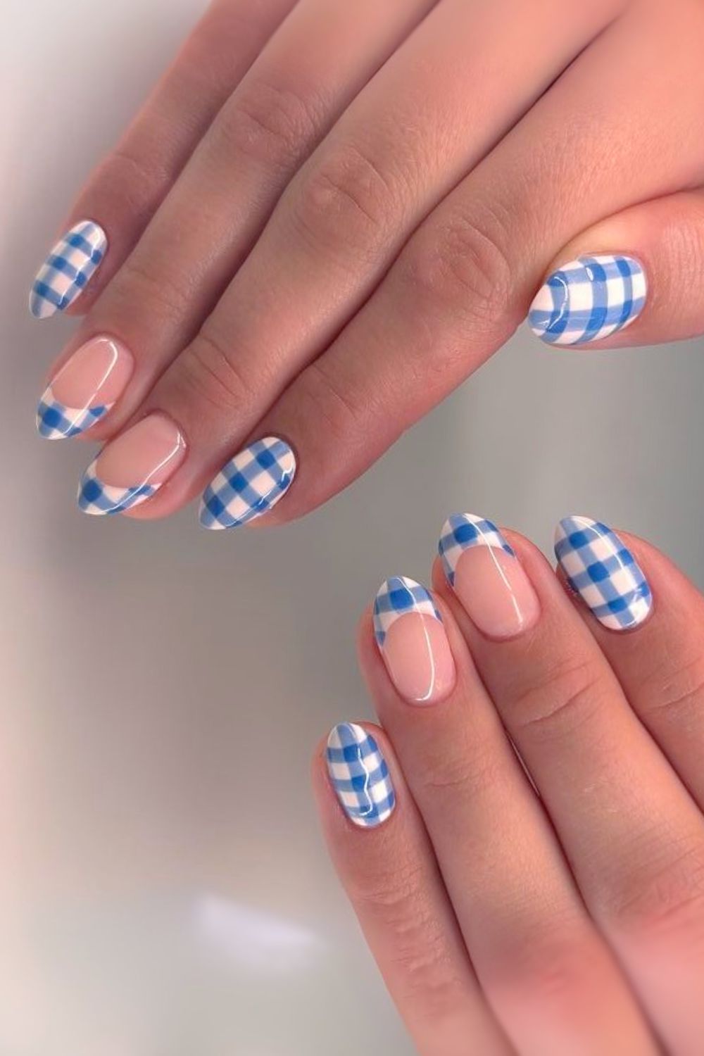 Blue and white gingham nails