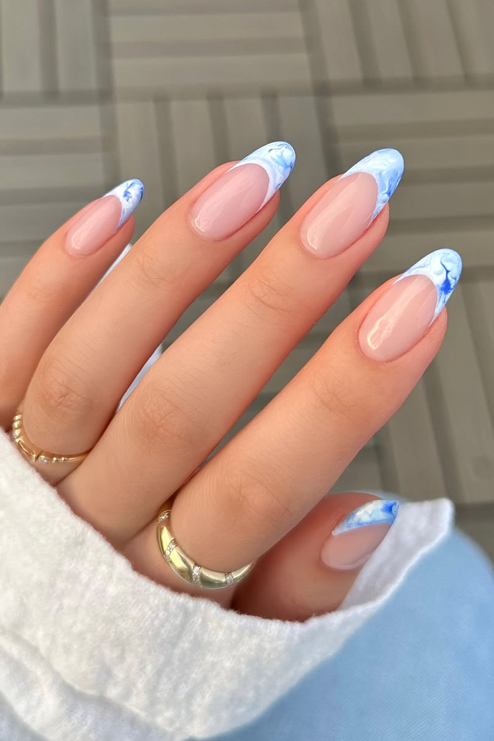 Blue and white marble French tips