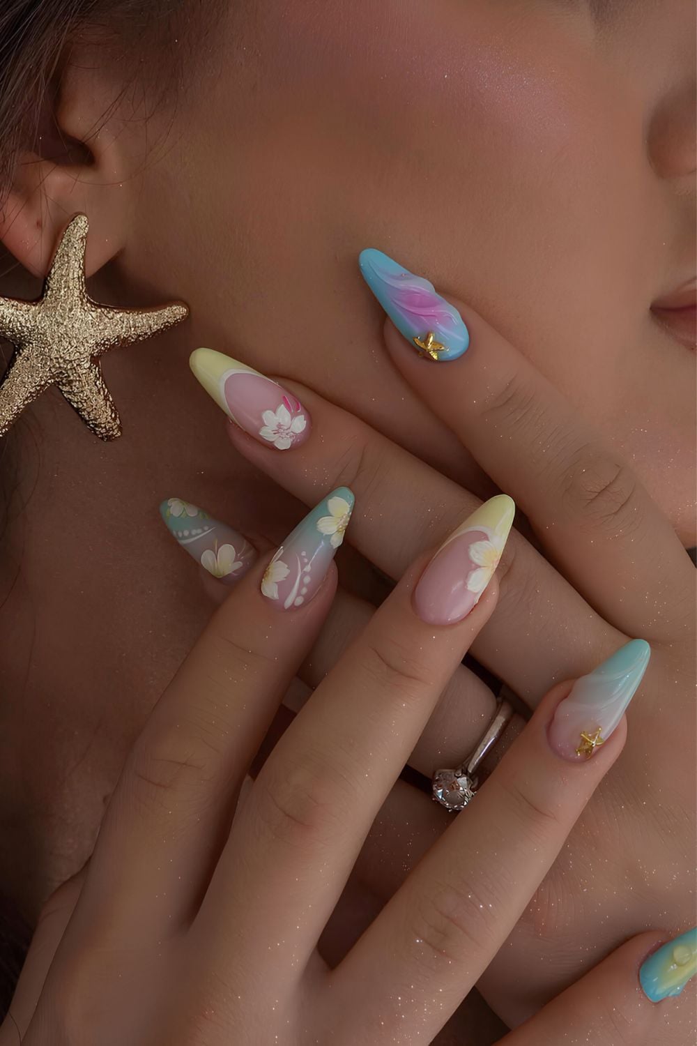 Blue and yellow hibiscus manicure