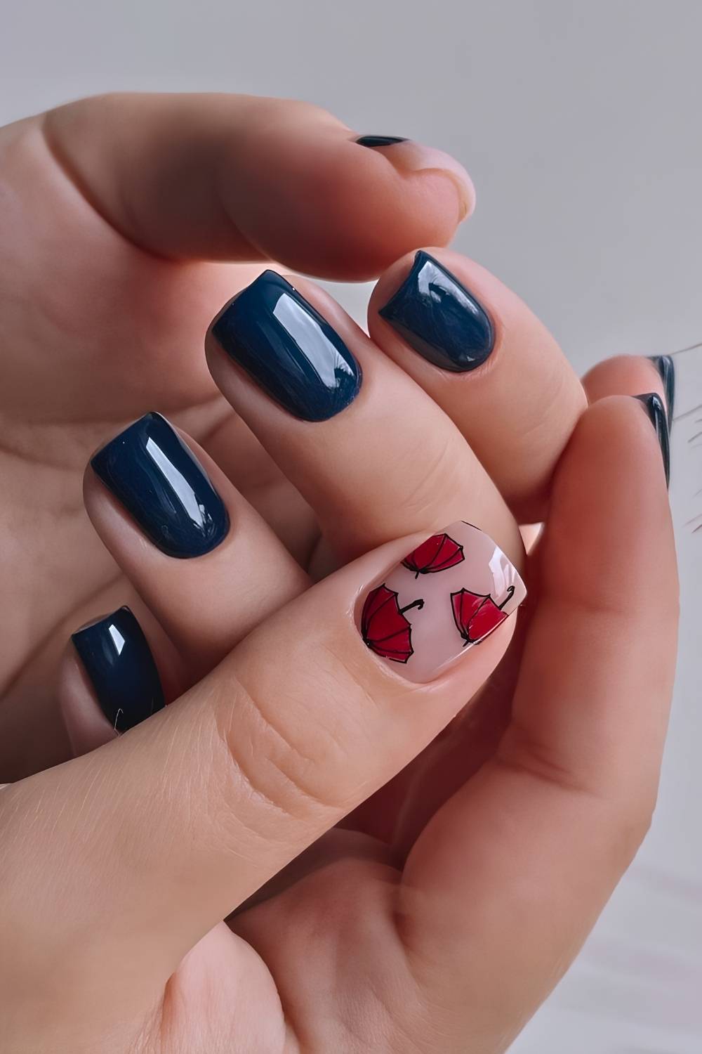 Blue fall nails with umbrella art