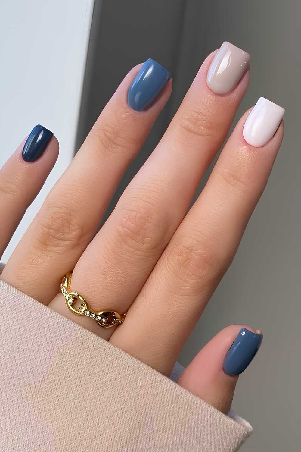 Blue nails with neutral accents