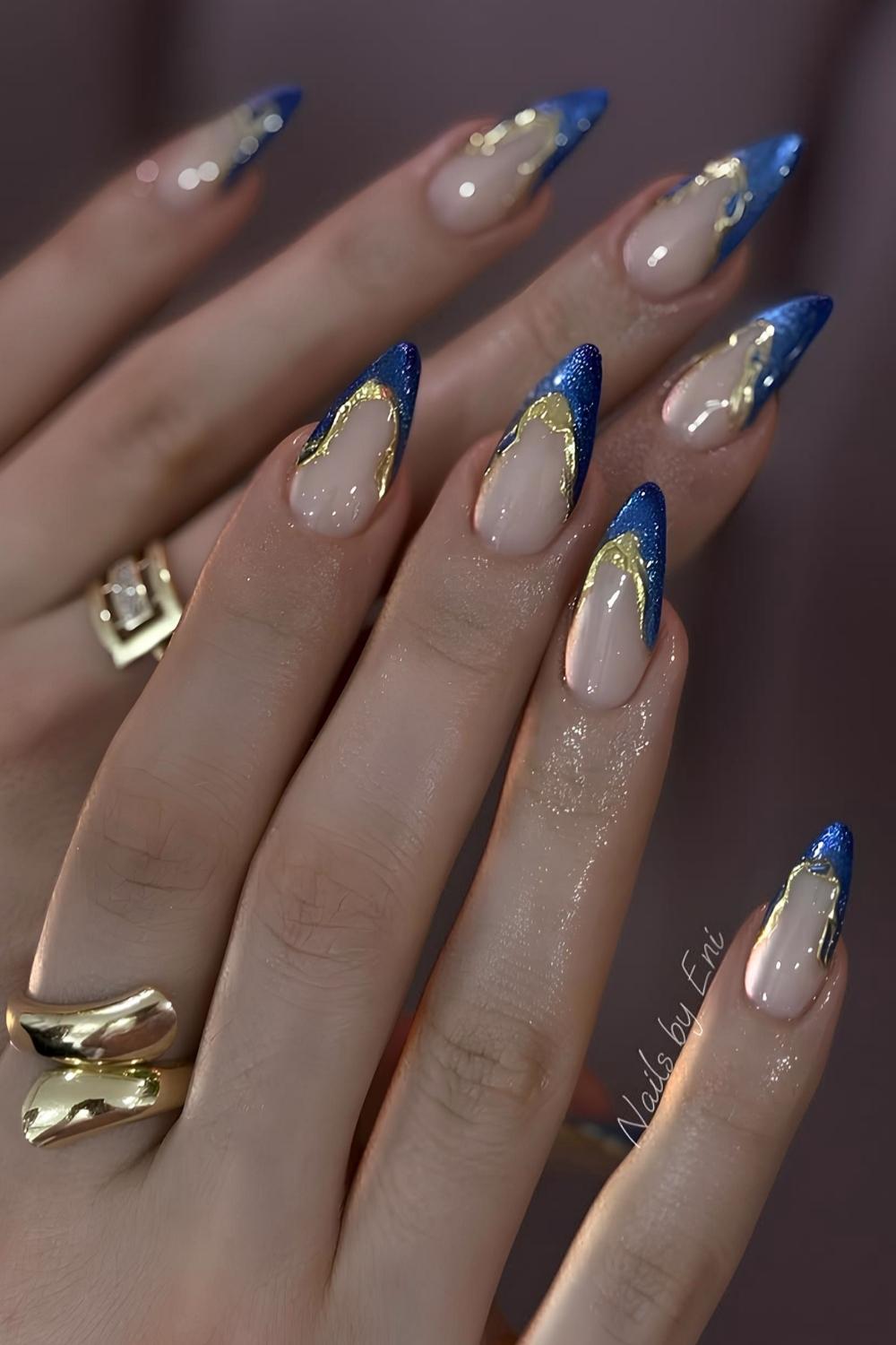 Blue velvet French nails with gold accents