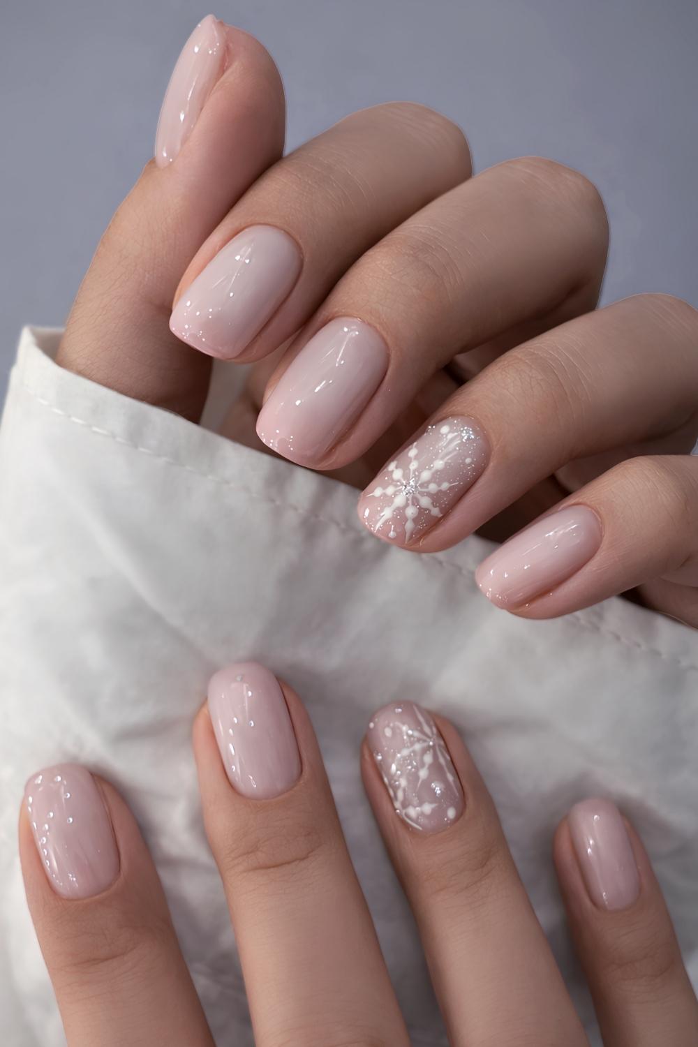Blush pink manicure with snowflakes
