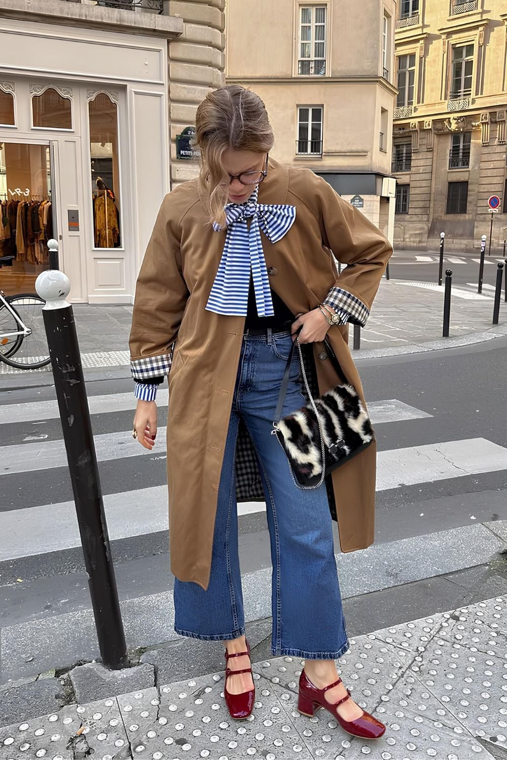 Bow shirt and wide leg jeans with trench coat