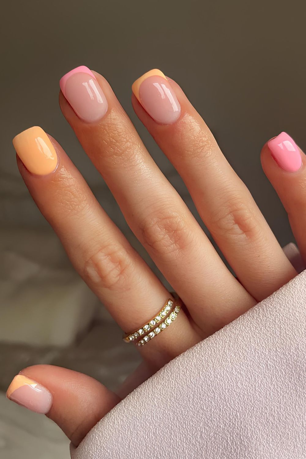 Bright orange and pink French and solid mix nails