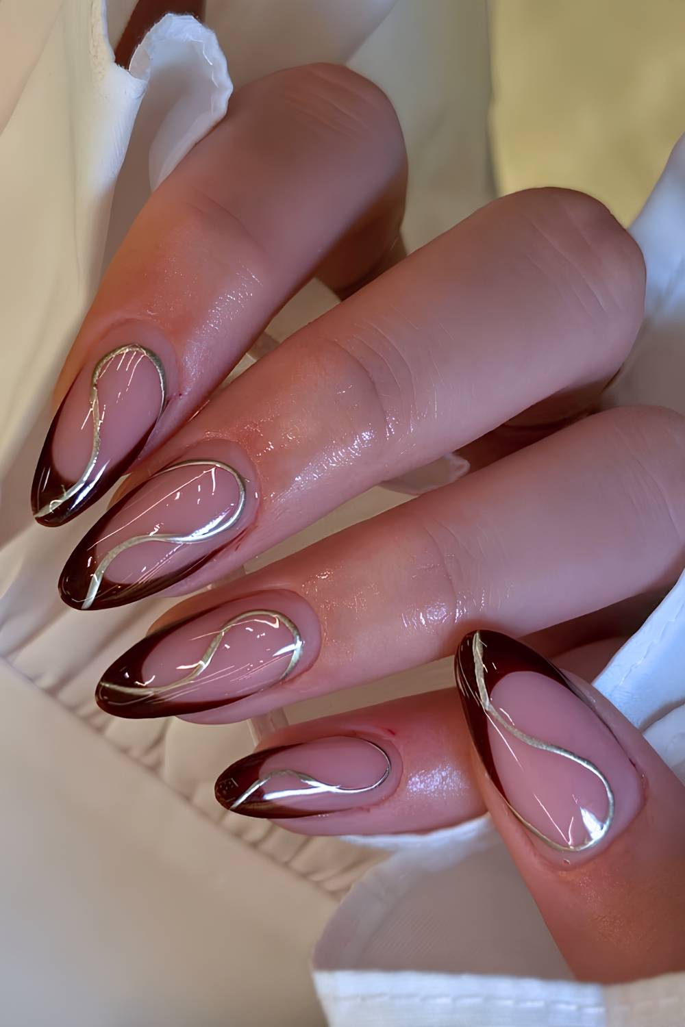 Brown French manicure with silver line art