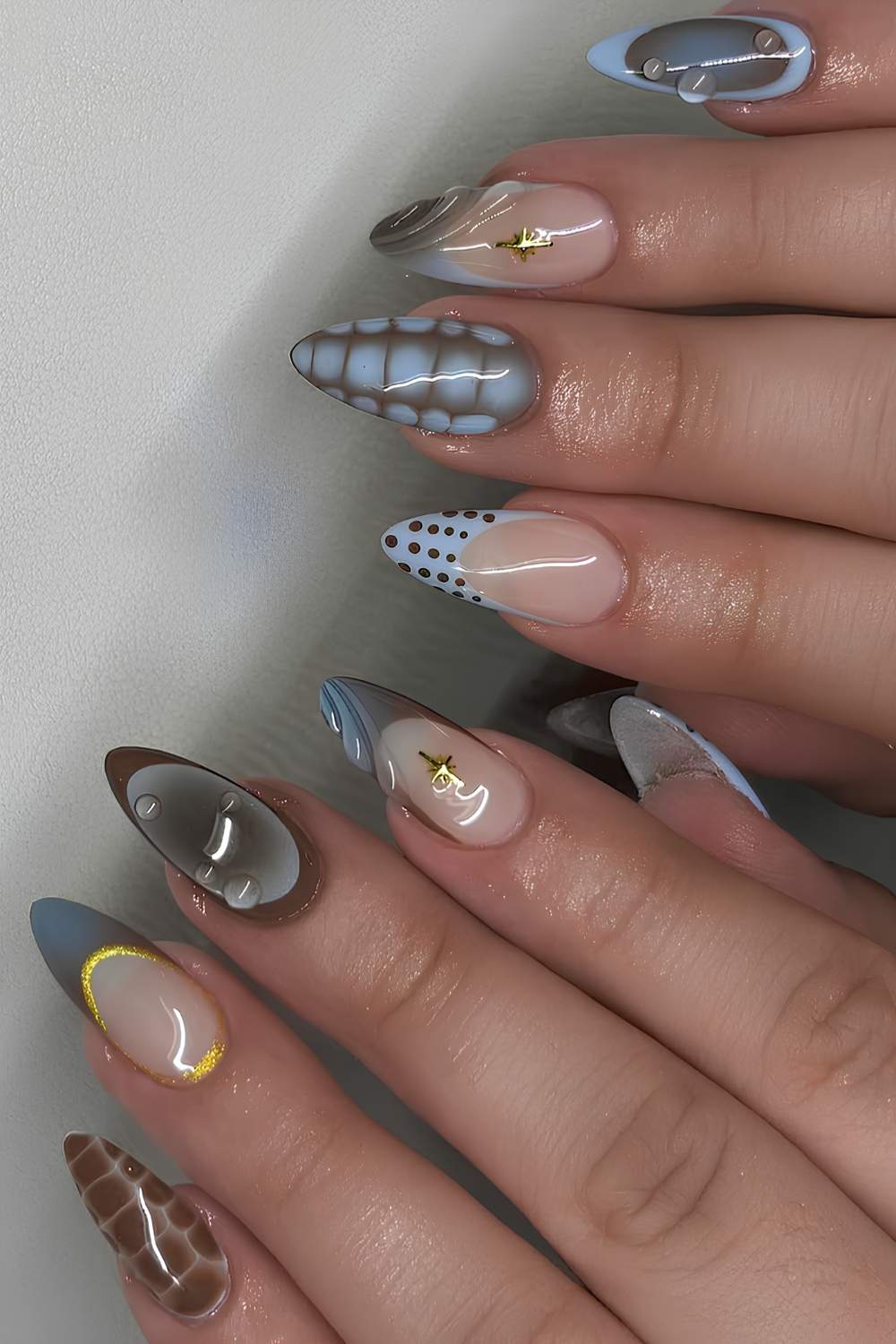 Brown and blue mix and match mani