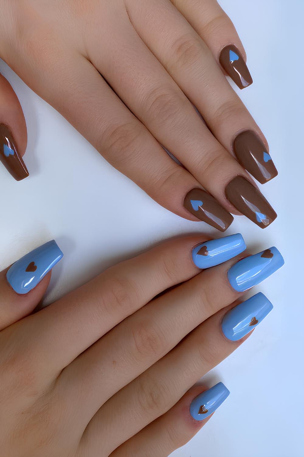 Brown and blue nails with accent hearts