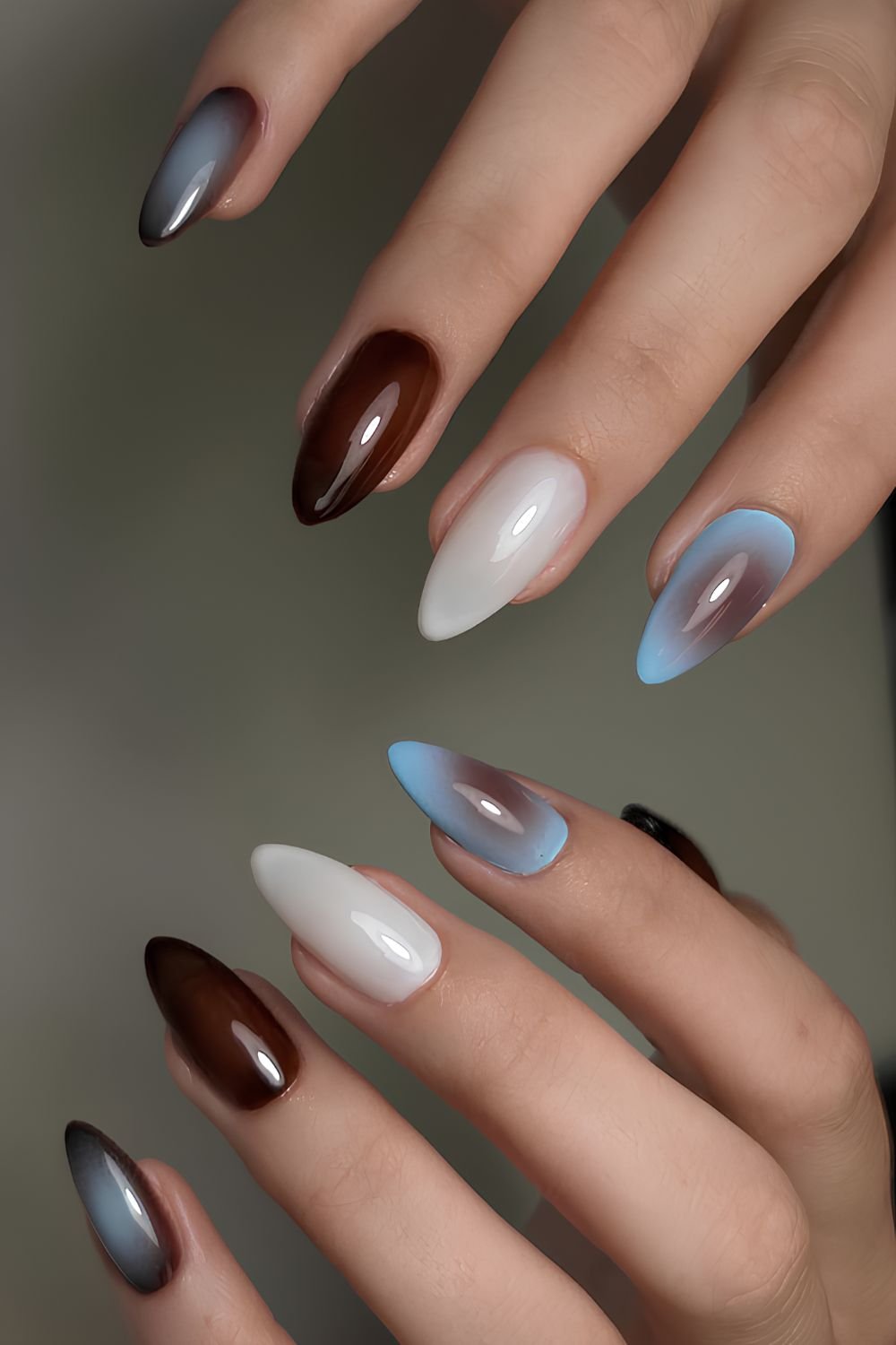 Brown and blue nails with aura accents