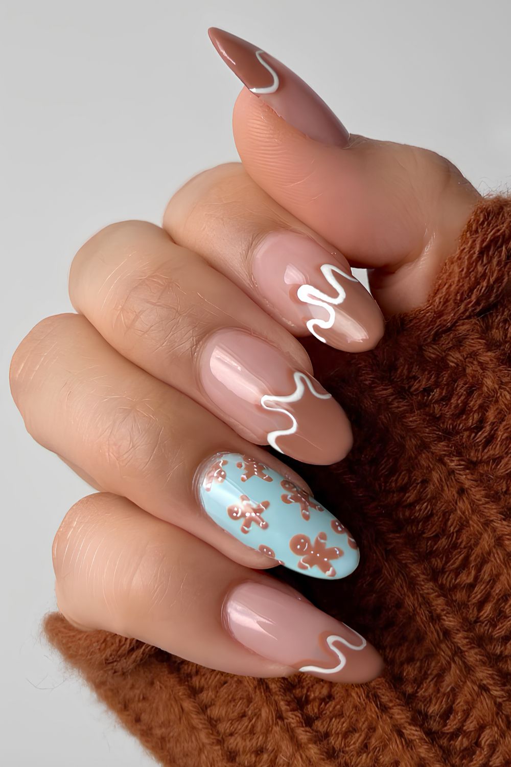 Brown and blue nails with gingerbread art