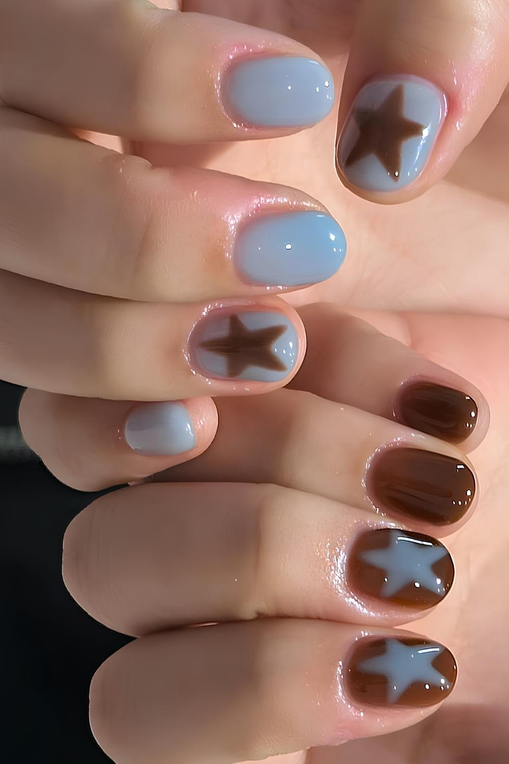 Brown and blue nails with star art
