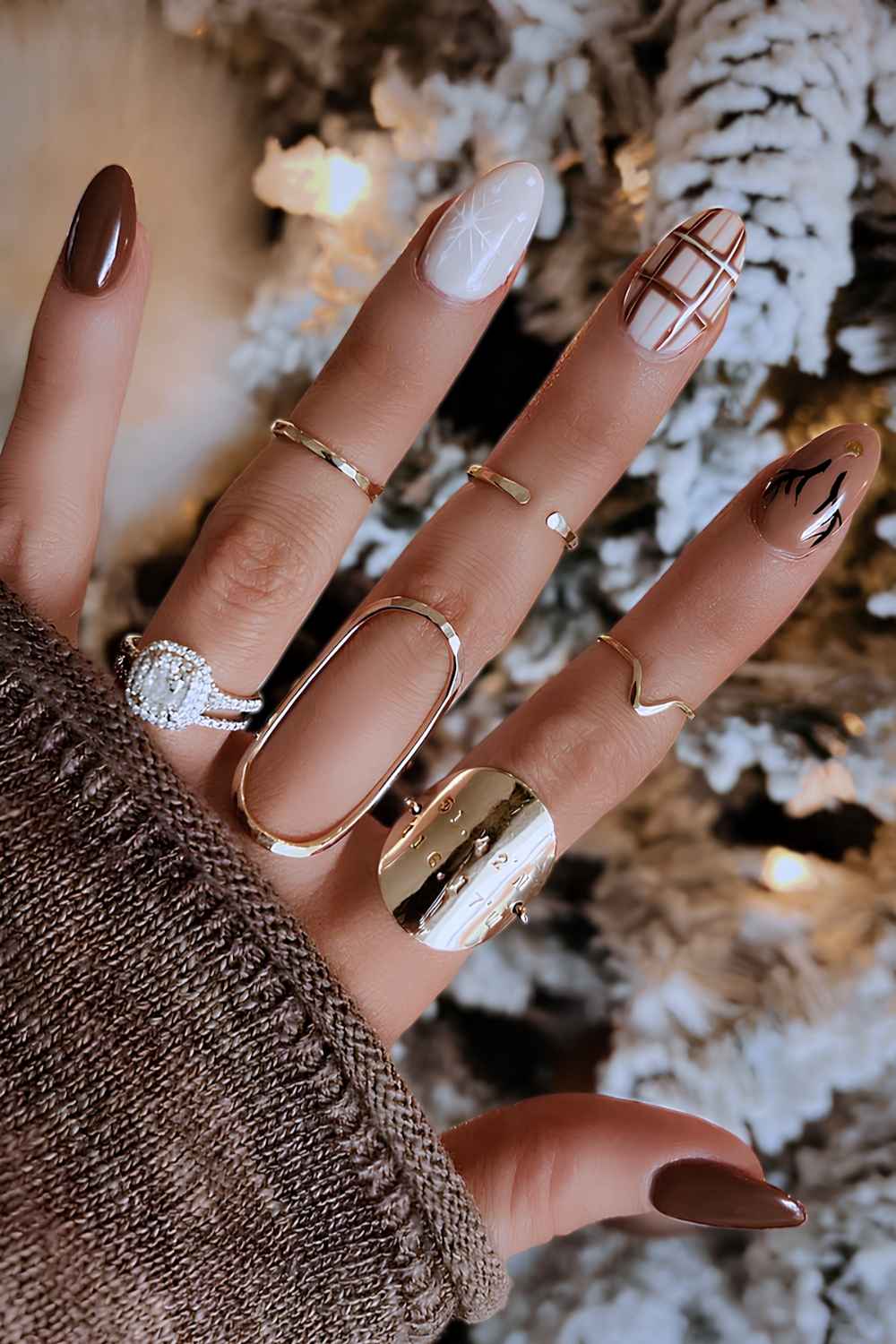 Brown and white nails with Christmas art