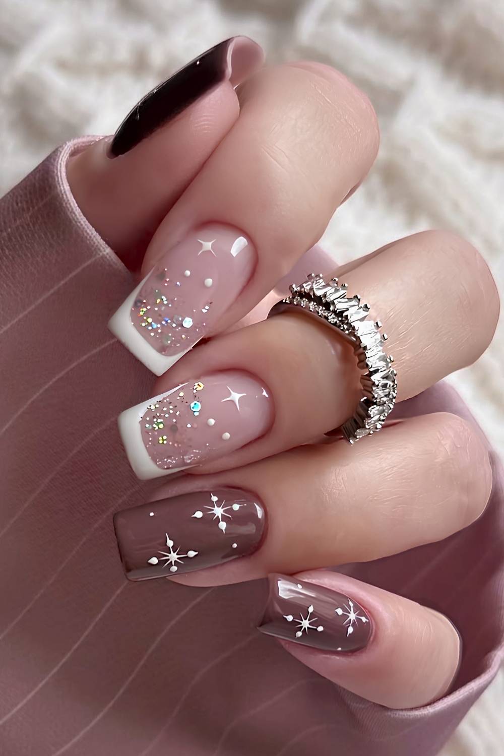 Brown and white nails with snowflakes