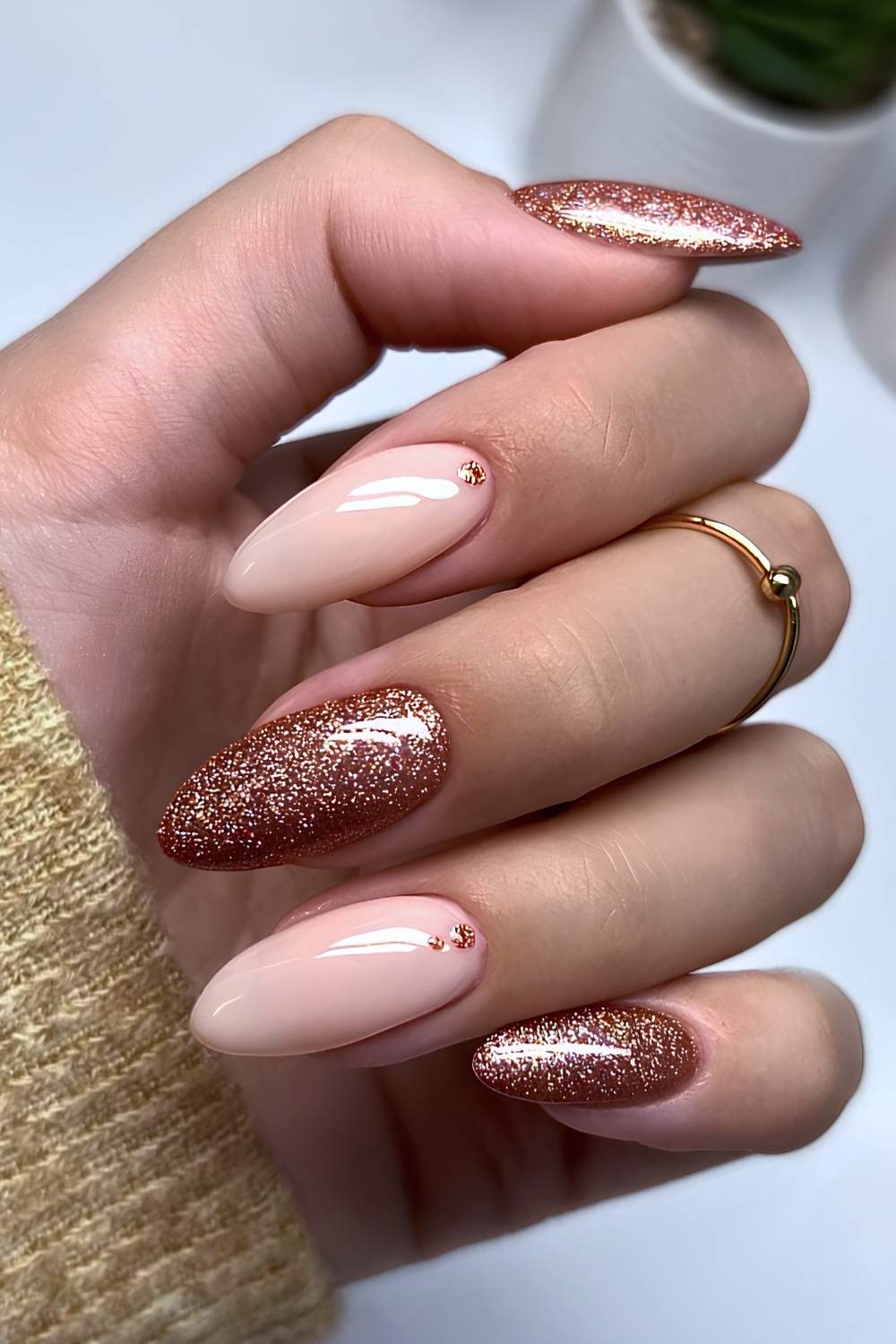 Brown glitter nails with micro dot art