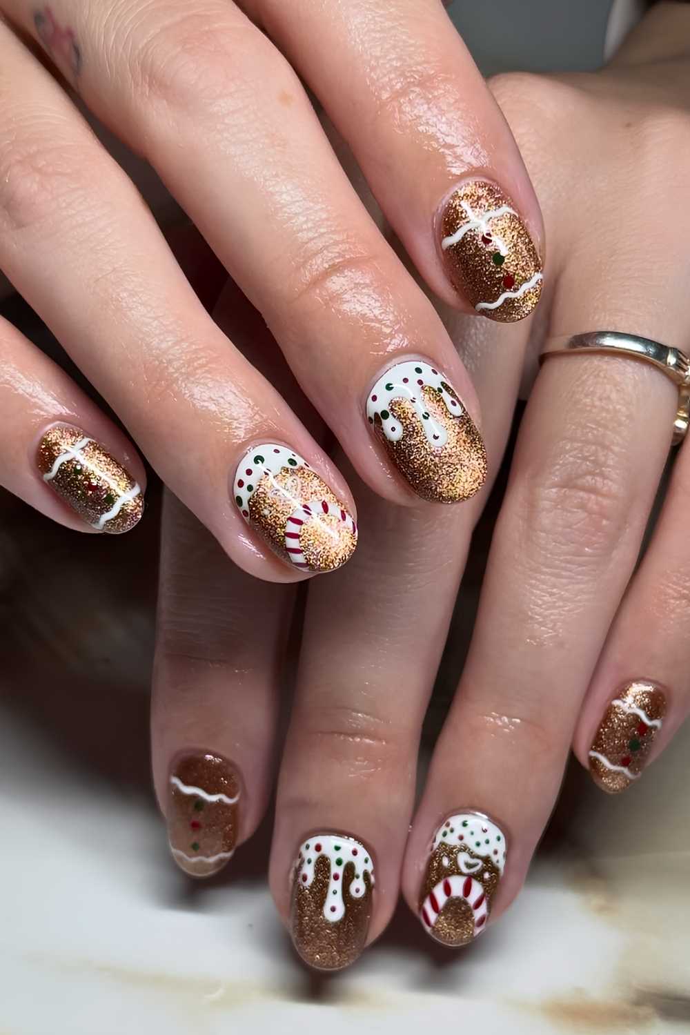 Brown velvet nails with gingerbread art