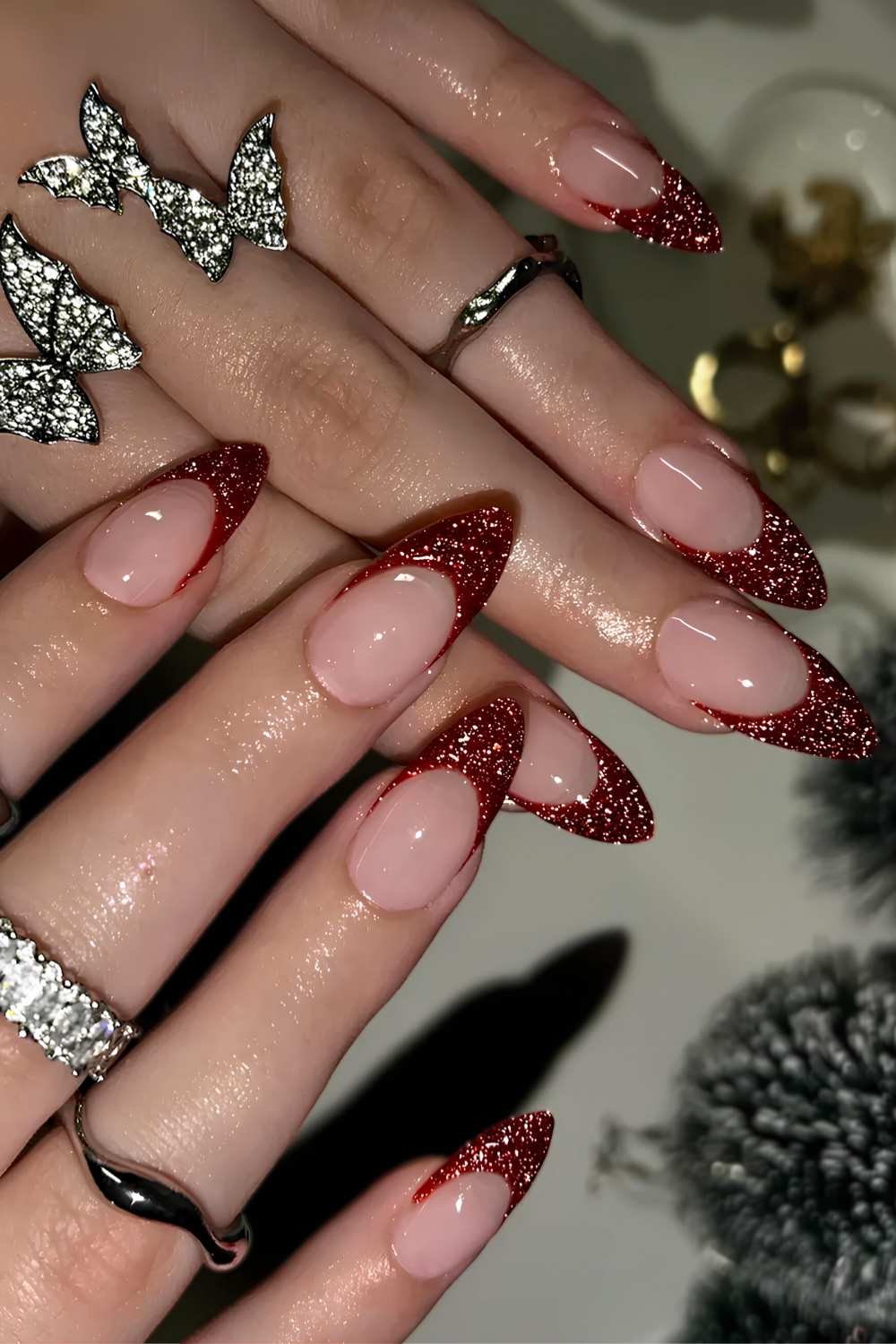 Burgundy glitter French mani