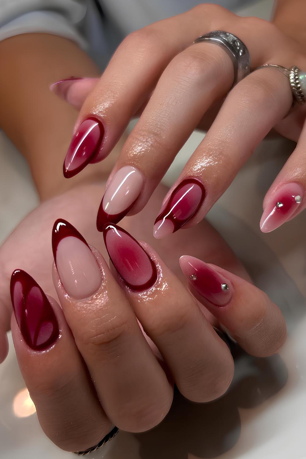 Burgundy mani with abstract art