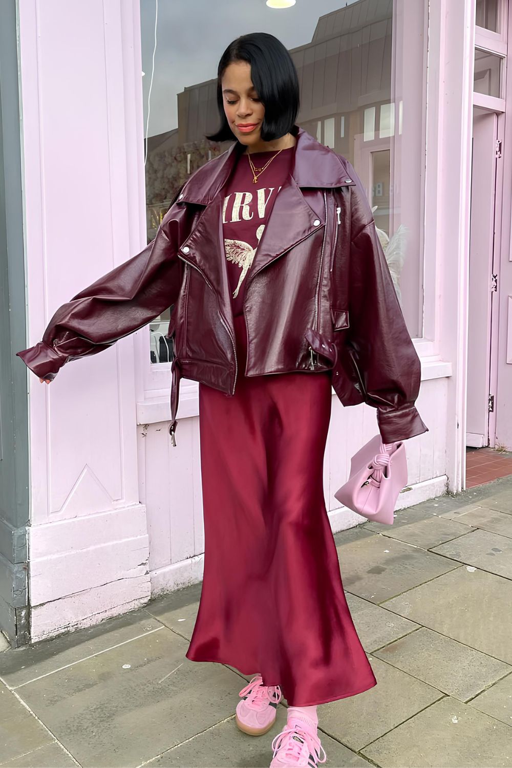 Burgundy silk skirt and burgundy leather jacket