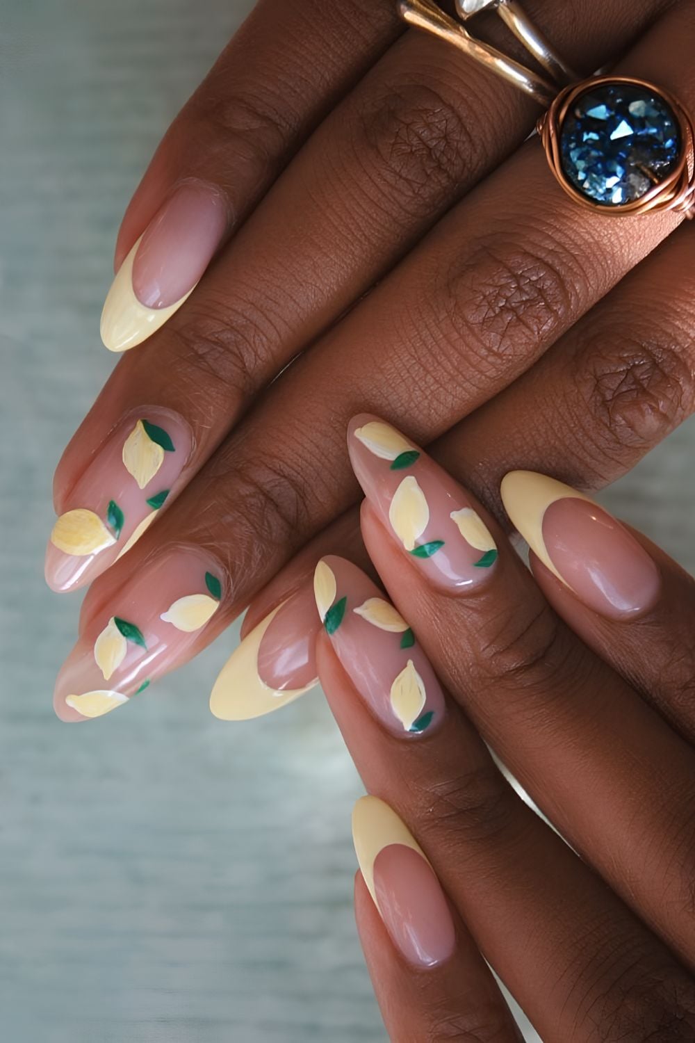 Butter yellow French mani with lemons