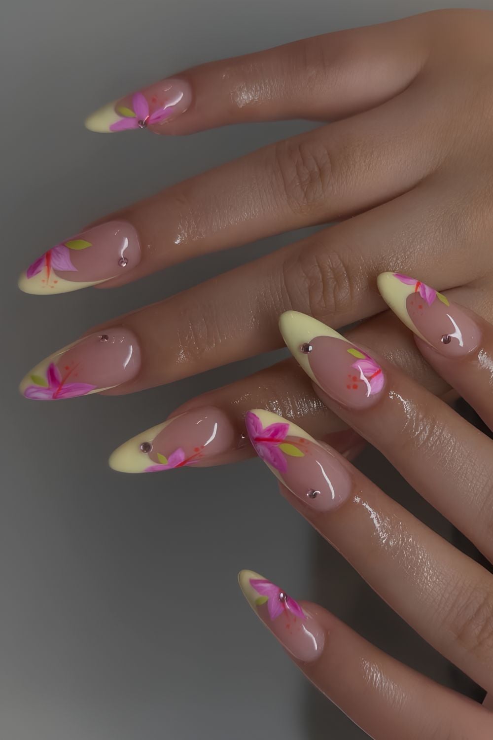 Butter yellow French manicure with pink florals