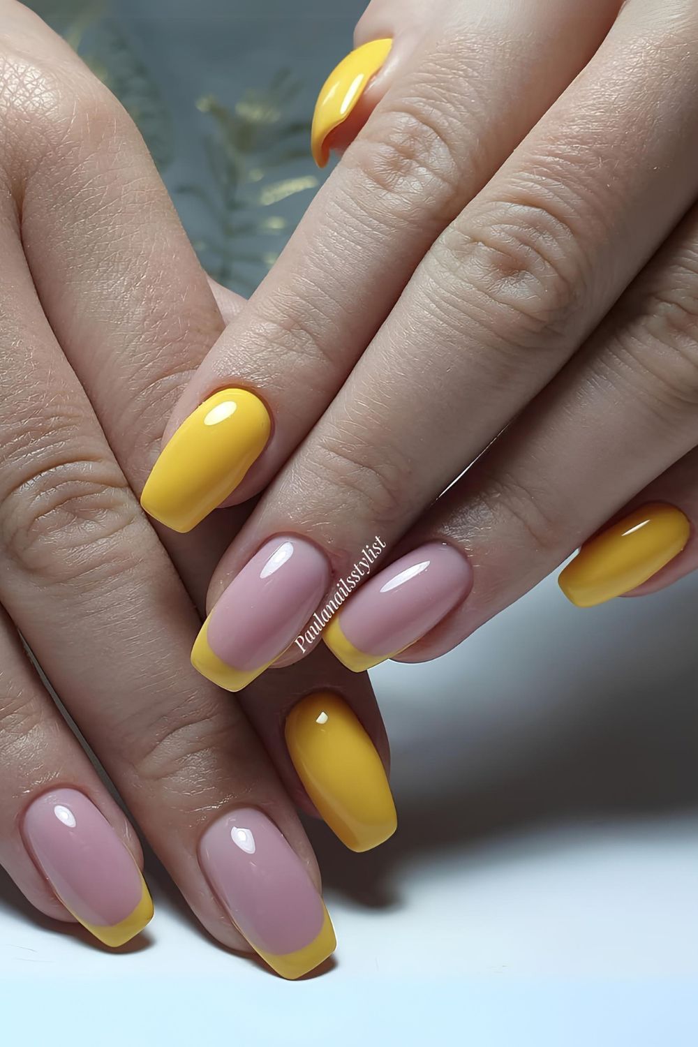 Canary yellow solid and French tip nails