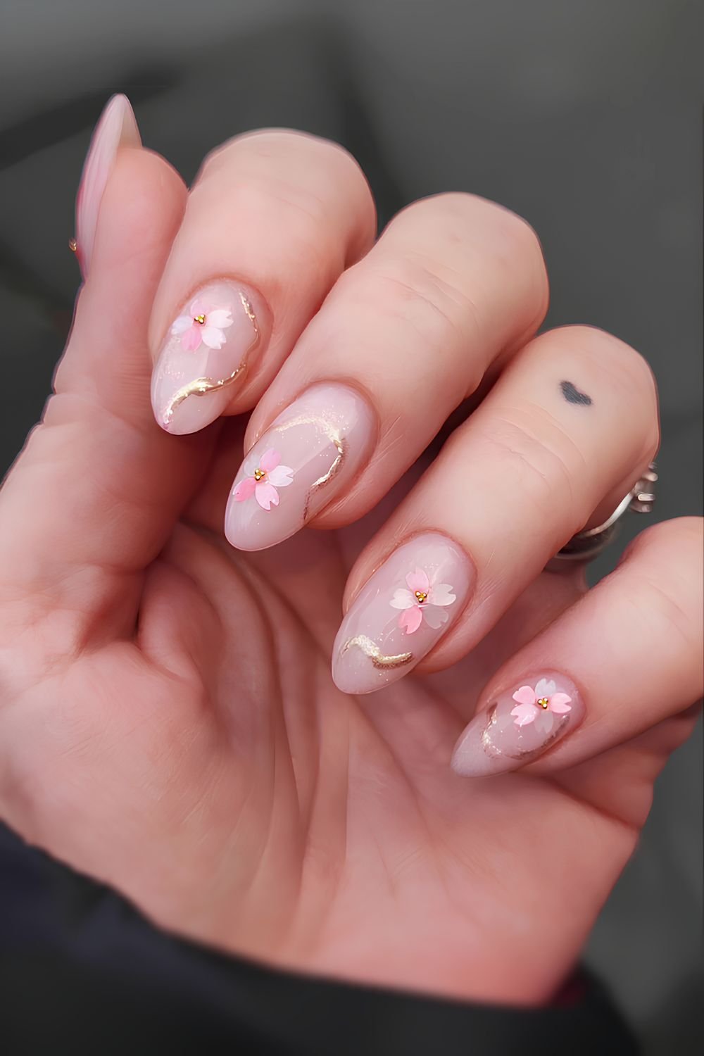 Cherry blossom mani with gold swirls